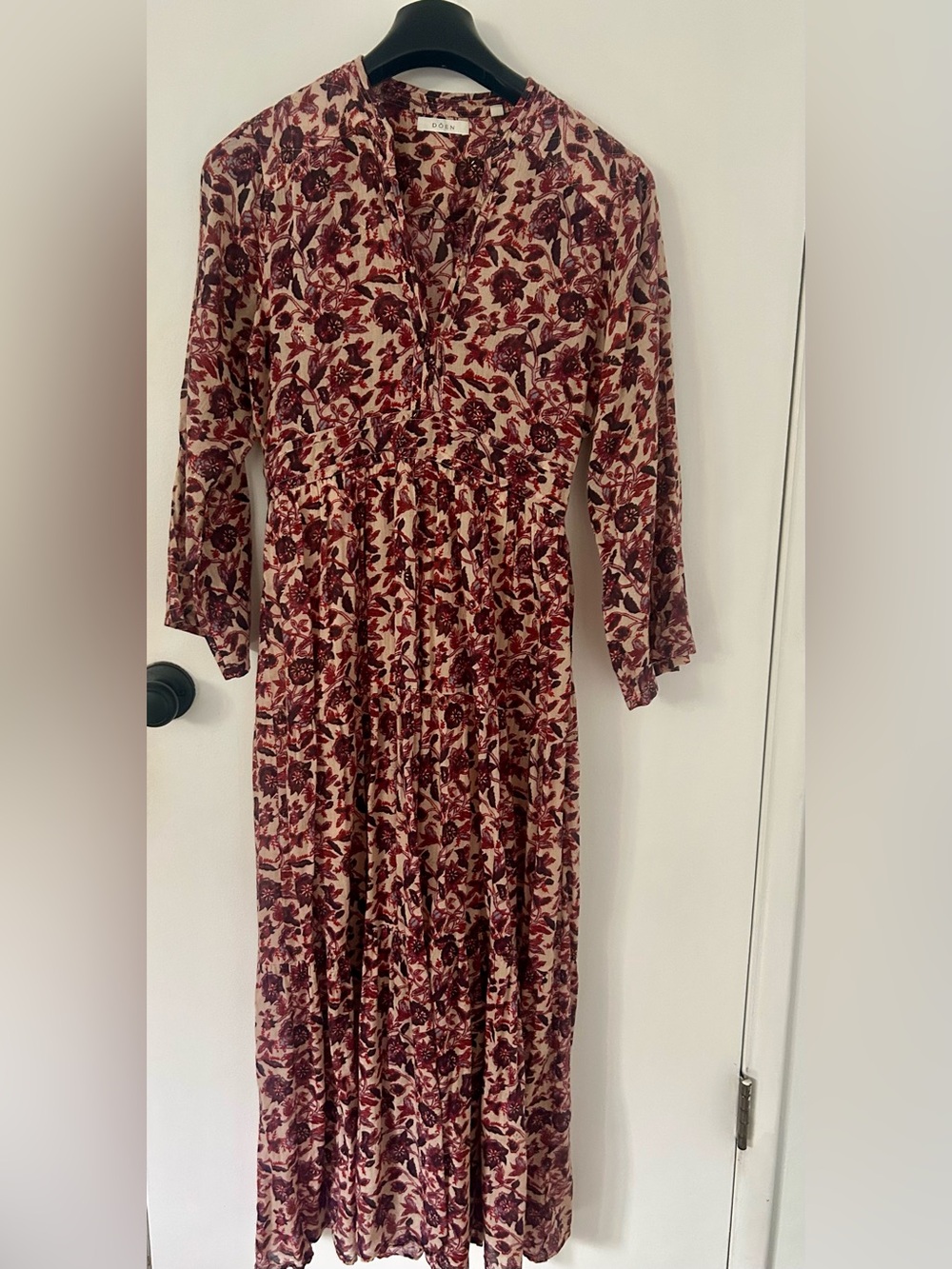 Doen Burgundy and Cream Floral 100% Cotton Maxi Dress, size Small